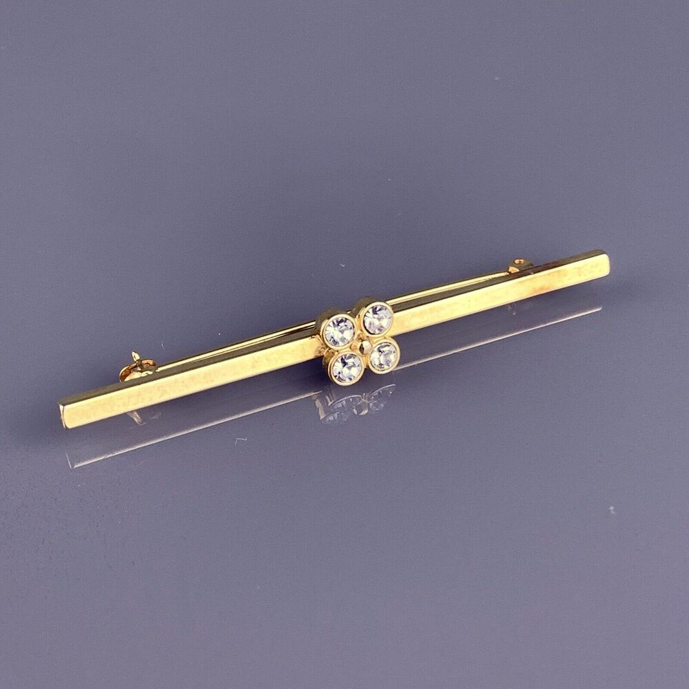 Avon Blue Rhinestone Clover Brooch Pin Gold Plated 4 Leaf Luck Simple Vintage